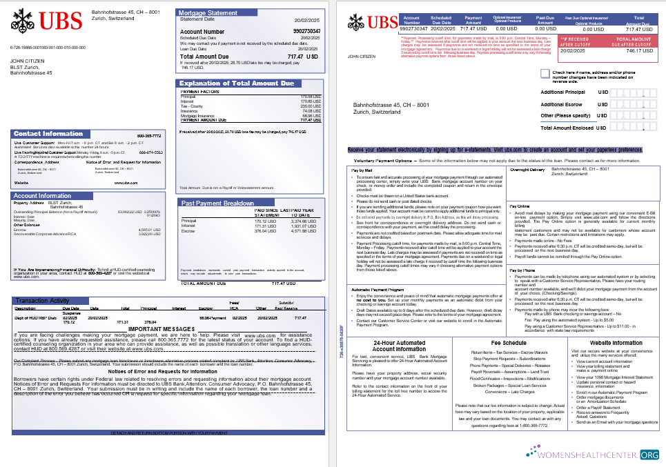 Download Swiss UBS bank mortgage statement in Word and PDF formats, 3 pages 1 2 Photoshop template